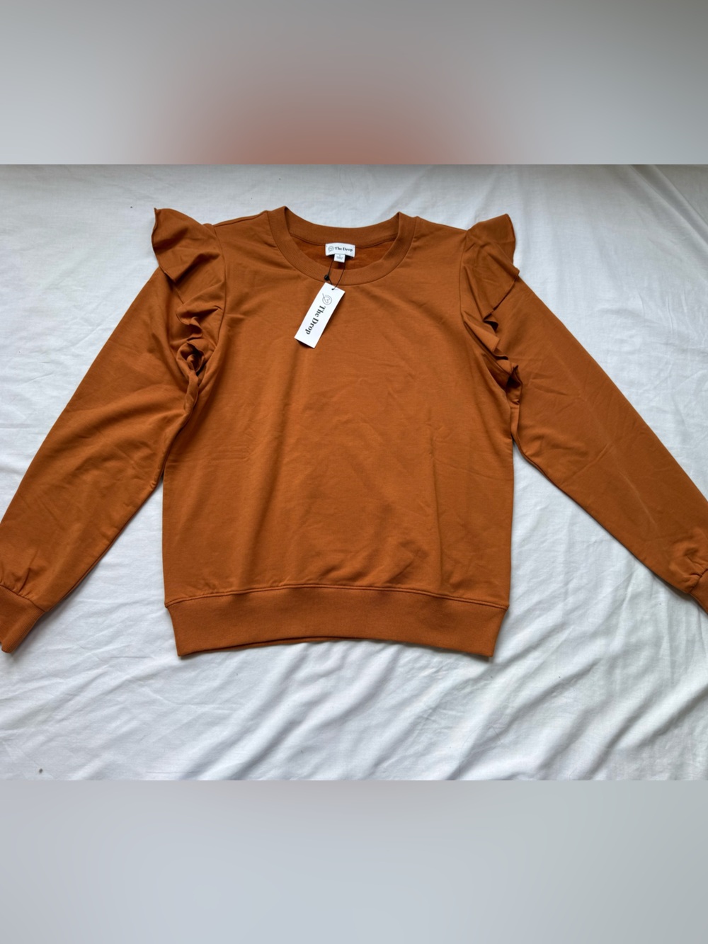 Ruffle Shoulder Sweatshirt in Rust - Women's Cozy Pullover